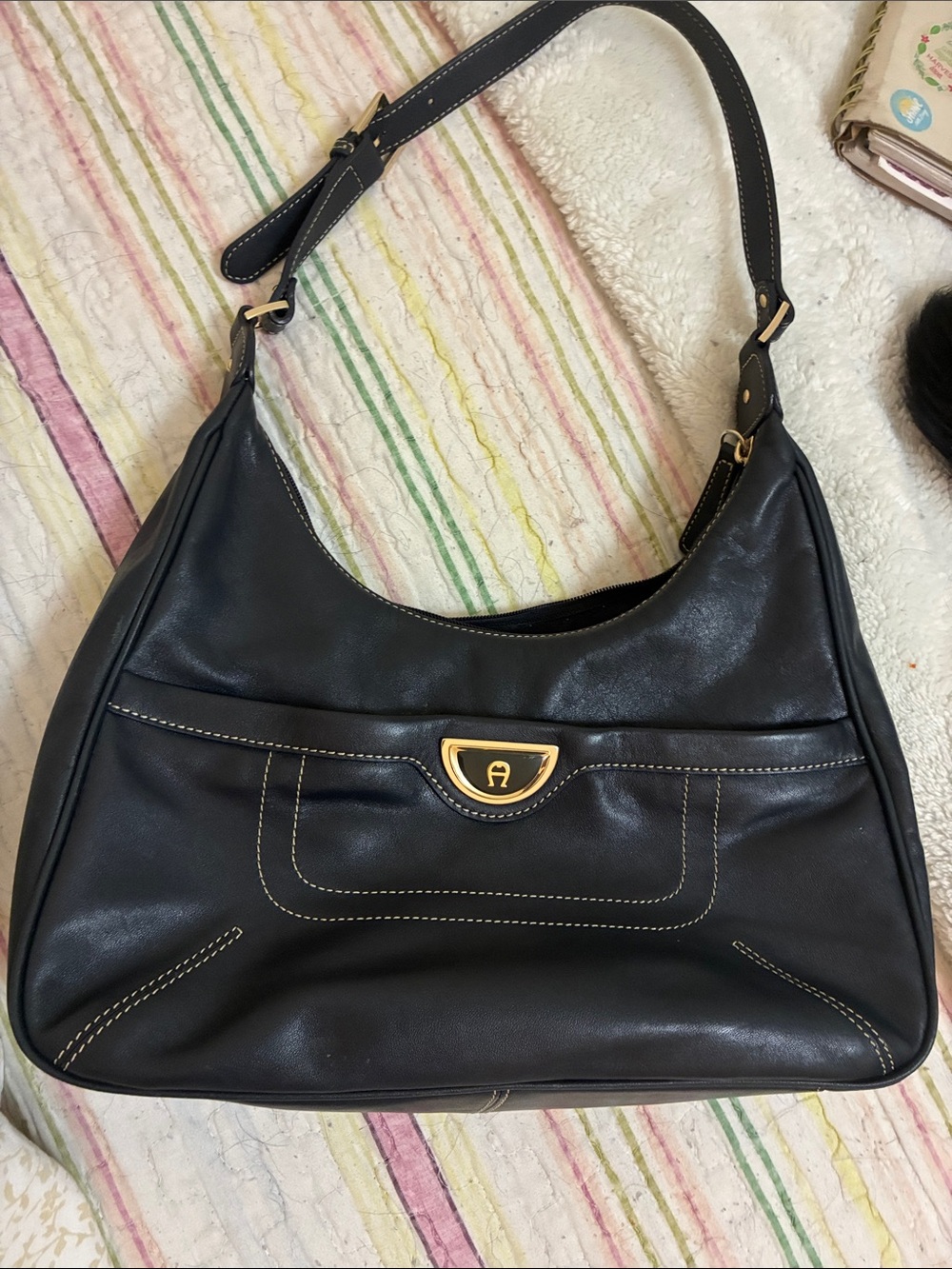 Etienne Aigner Black Leather Shoulder Bag with Gold-Tone Logo